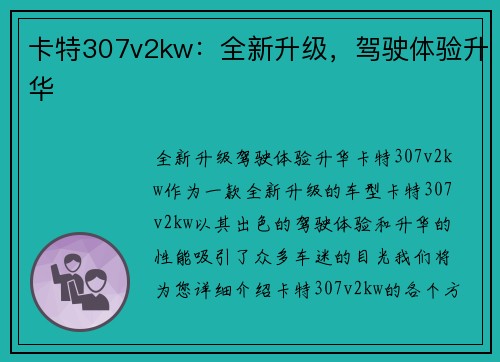 卡特307v2kw：全新升级，驾驶体验升华